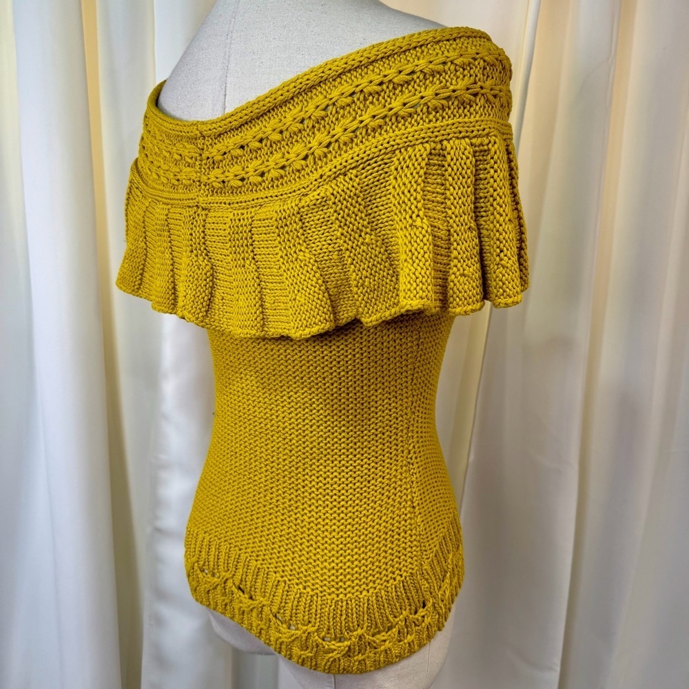 Anthropologie Mustard Yellow Ruffled Off-The-Shoulder Crocheted Sweater Size XS - Picture 11 of 16